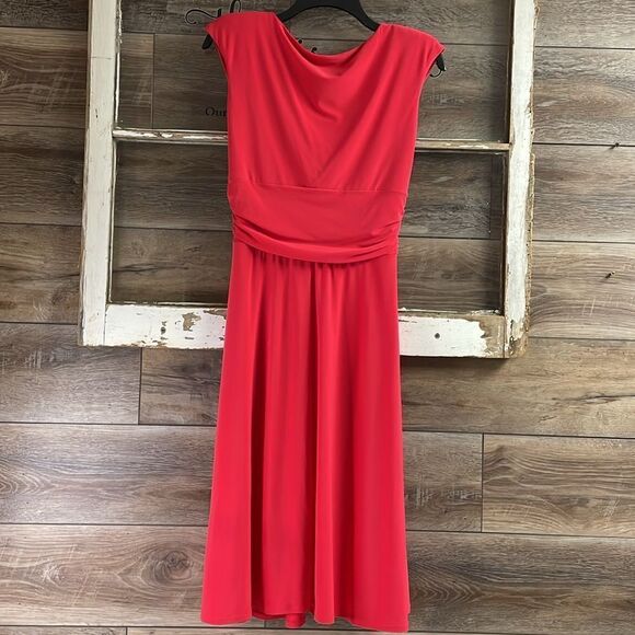 CHAPS Midi Dress Women's Size Medium Watermelon Pink Slinky Twist Front Modest - Picture 3 of 6